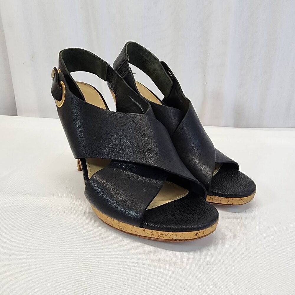 Via Spiga Onitta Cork Open Toe Leather Sandal Heels Slingback Black Size 8.5 I